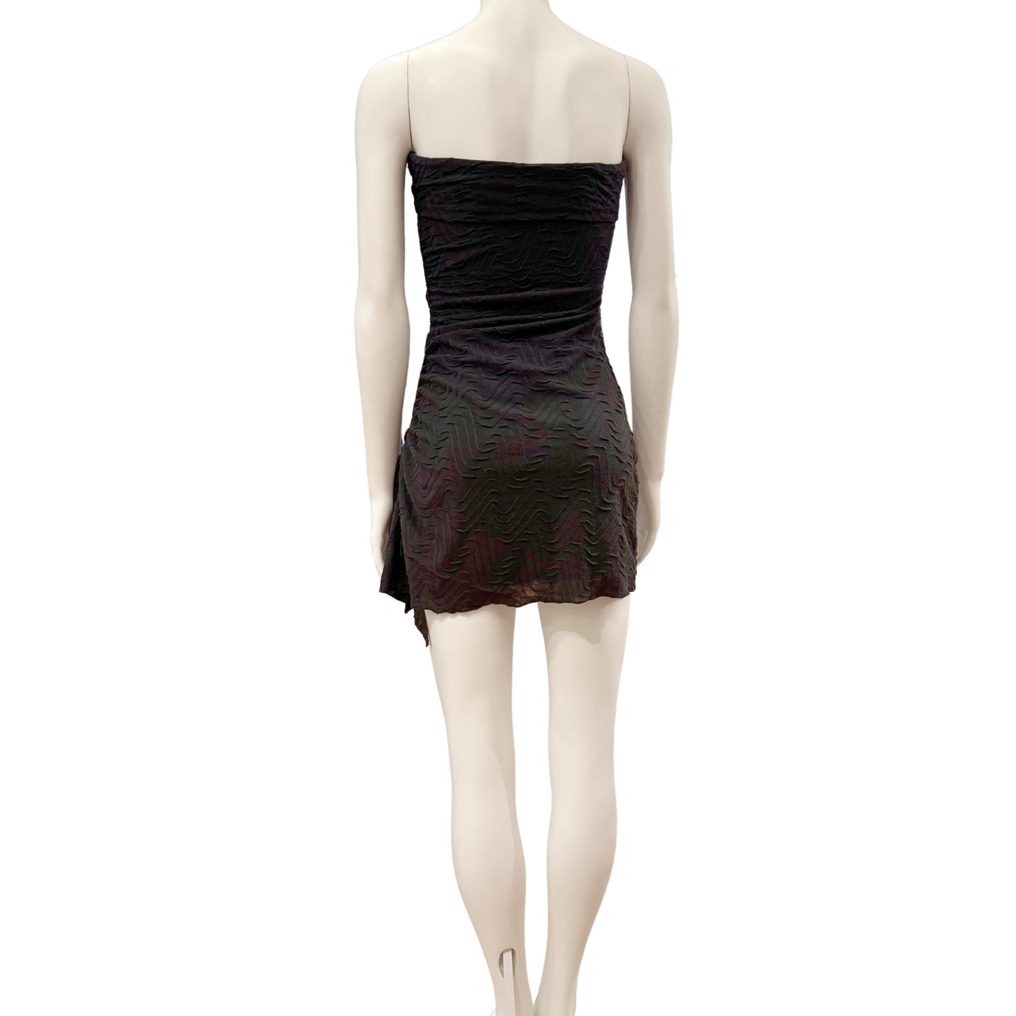 Textured Strapless Mini Dress with Asymmetric Drawstring Hem