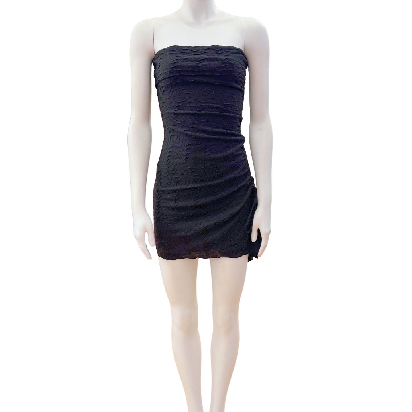 Textured Strapless Mini Dress with Asymmetric Drawstring Hem