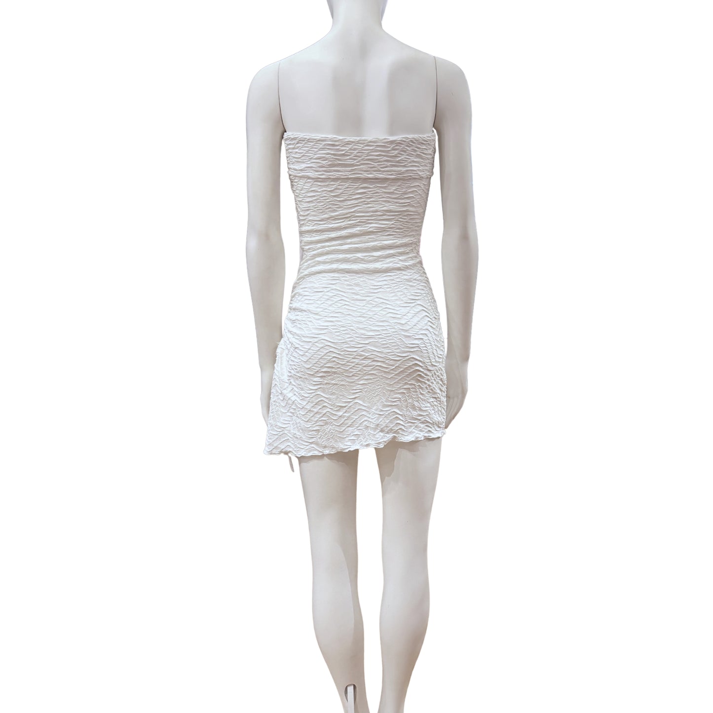 Textured Strapless Mini Dress with Asymmetric Drawstring Hem