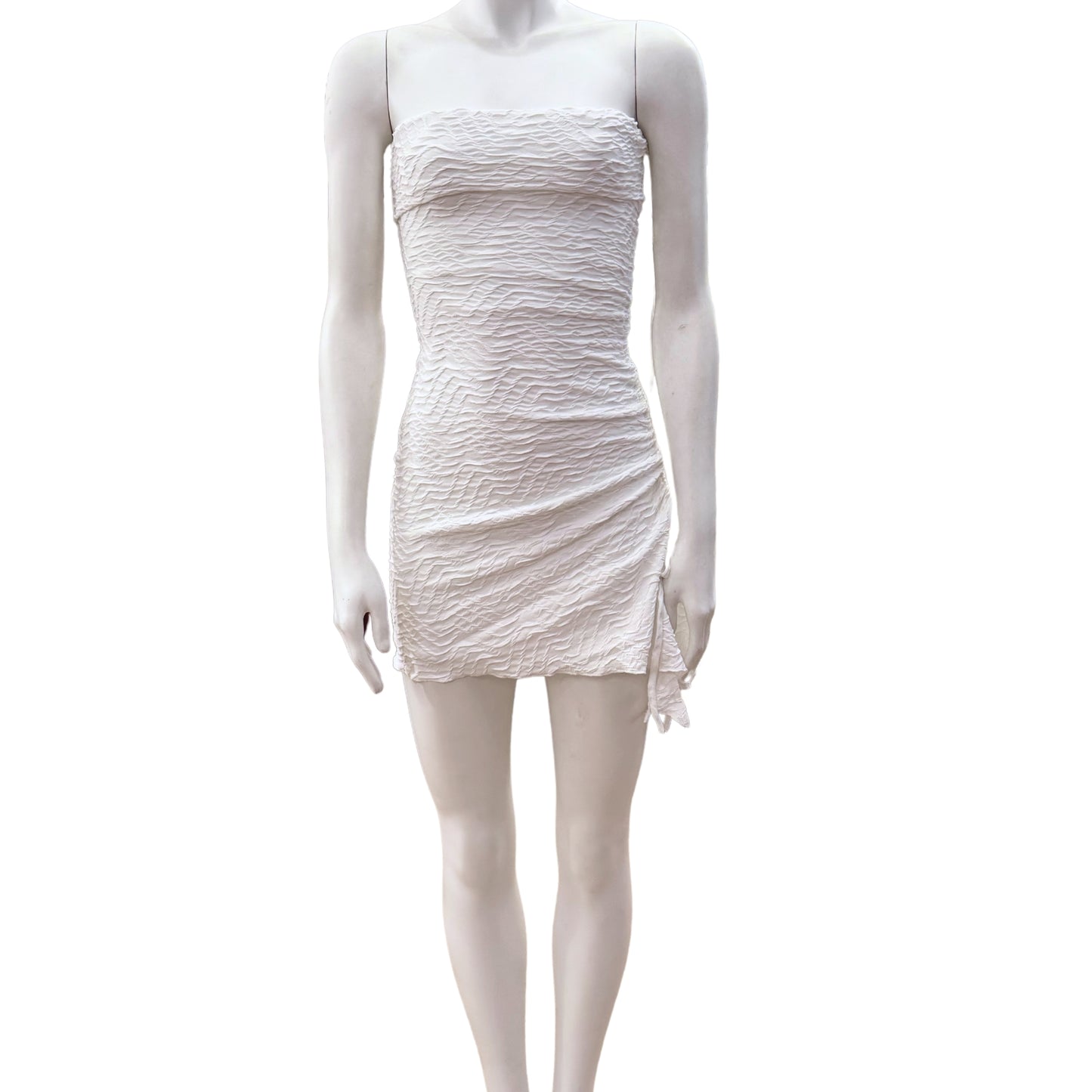 Textured Strapless Mini Dress with Asymmetric Drawstring Hem