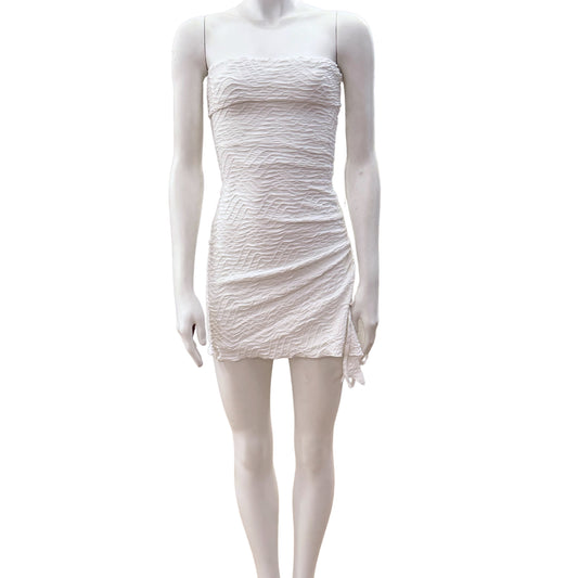 Textured Strapless Mini Dress with Asymmetric Drawstring Hem