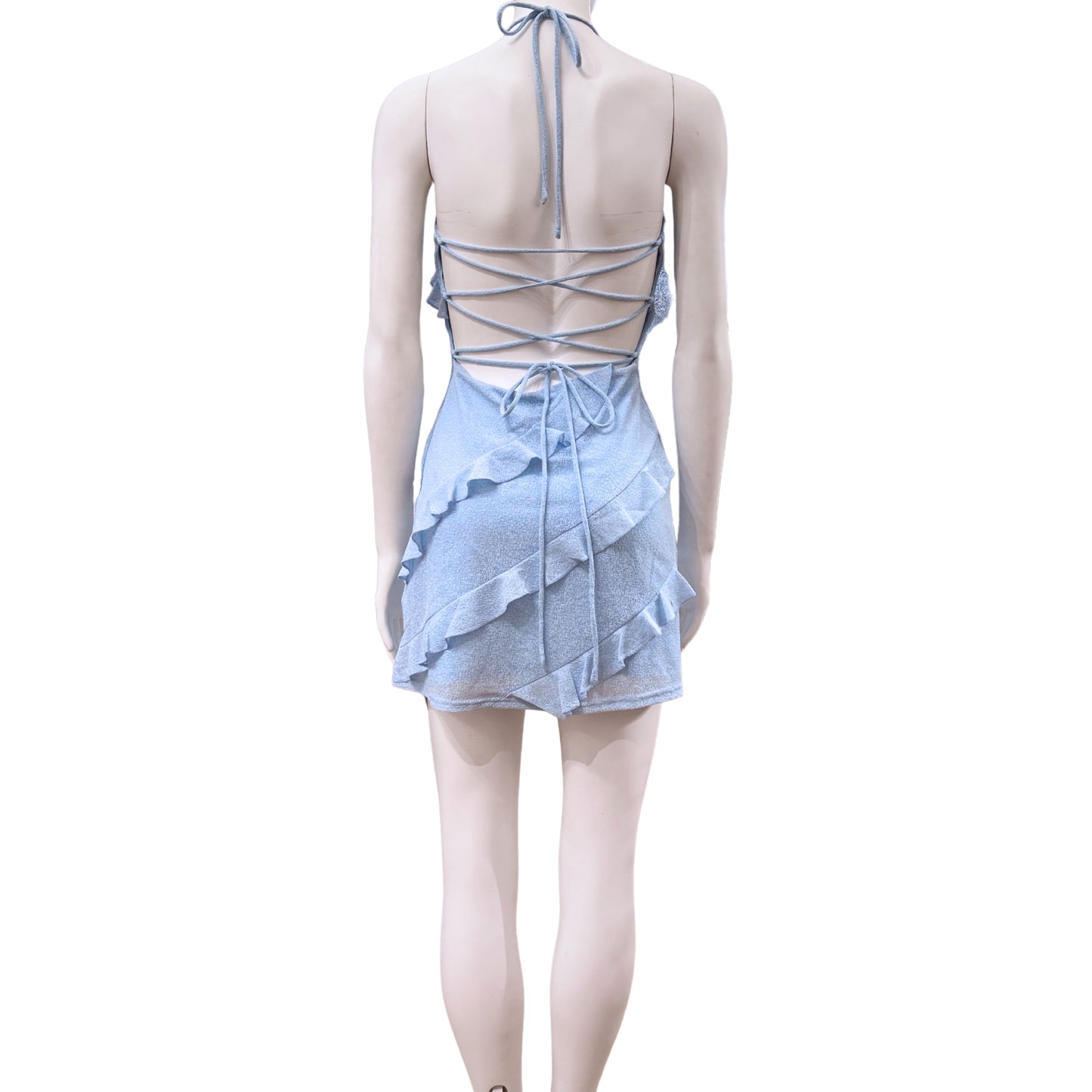 Ruffle Halter Mini Dress with Corset Tie Back