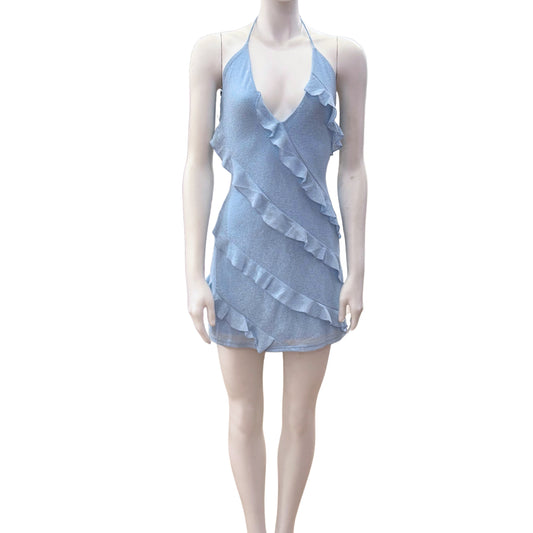 Ruffle Halter Mini Dress with Corset Tie Back