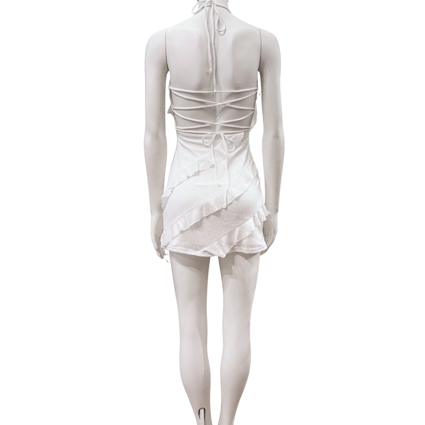Ruffle Halter Mini Dress with Corset Tie Back
