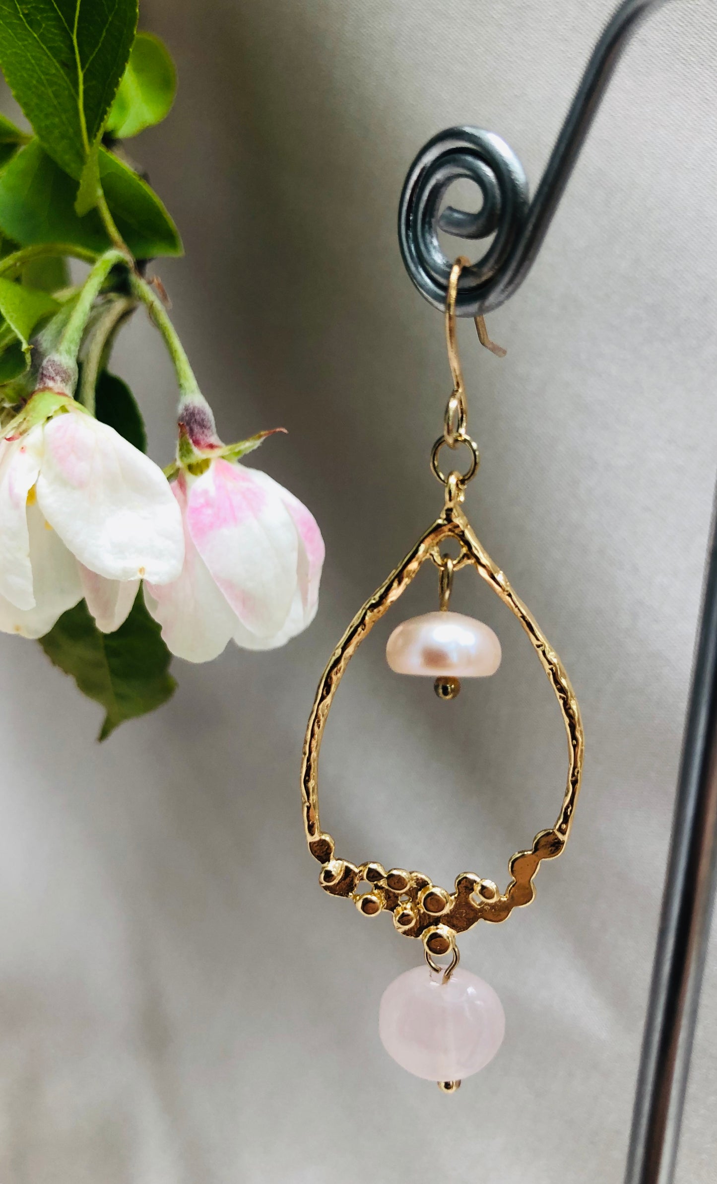 Dangly Gold Earrings with Pink Pearl