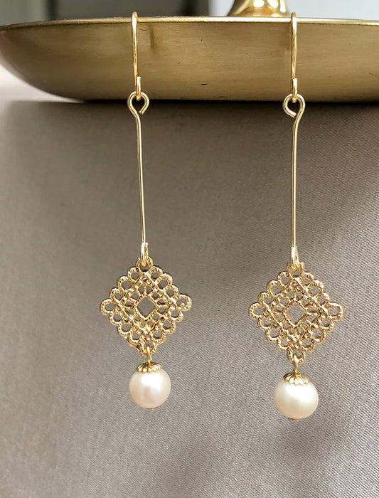 Pearls and Woven Gold Earrings