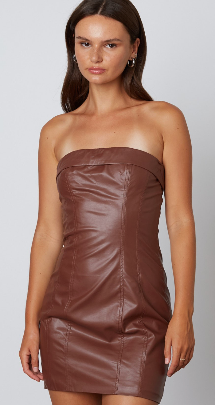 Faux Leather Mini Dress - Brown