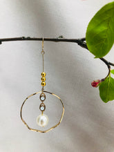 Load image into Gallery viewer, Golden Ring with Suspended Pearl
